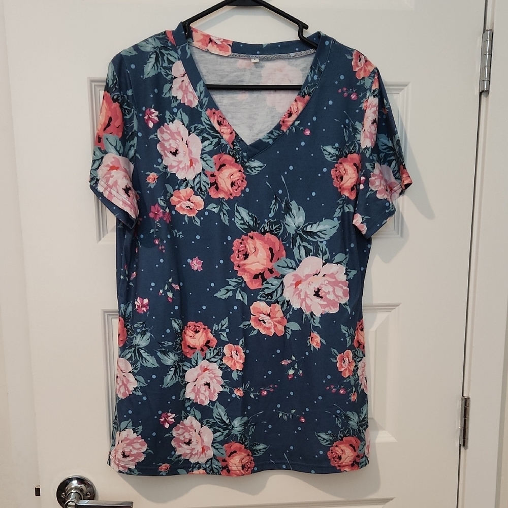 Floral V-Neck Women Top - Blue and Pink!
